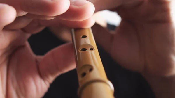 Close Man Playing Recorder Blur Background Wooden Wood Flute — Stock Photo, Image