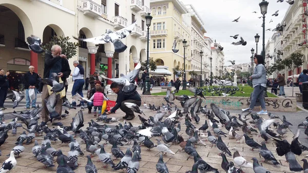 Selanik, Yunanistan - 14 Mayıs 2019: Yunanistan 'ın Selanik kentinde Yürüyen Güvercinleri Besleyen İnsanlar, yavaş çekim