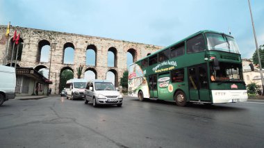 Istanbul, Turkey - 15 May, 2019: Morning traffic rush hour at Valens Aqueduct in Istanbul, Turkey