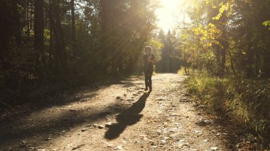 Sabahları huzurlu ormanda koşan güzel, zayıf bir kadın koşucu. Sağlıklı egzersiz ve doğada egzersiz konsepti. Sonbahar mevsimsel temalı çam ağaçları.