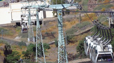 Santorini, Yunanistan. Fira 'dan limana giden teleferiğin Caldera manzarası, Santorini, Yunanistan