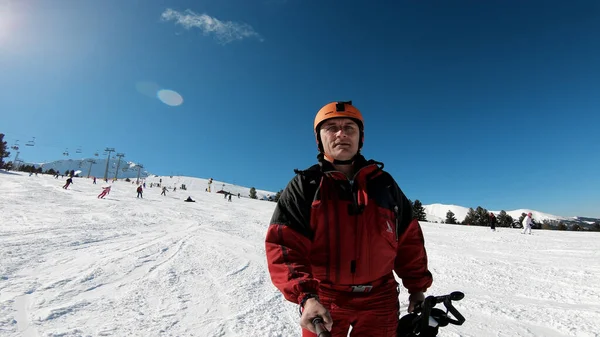 Man Riding Ski Selfie Stick His Hand — Stock Photo, Image