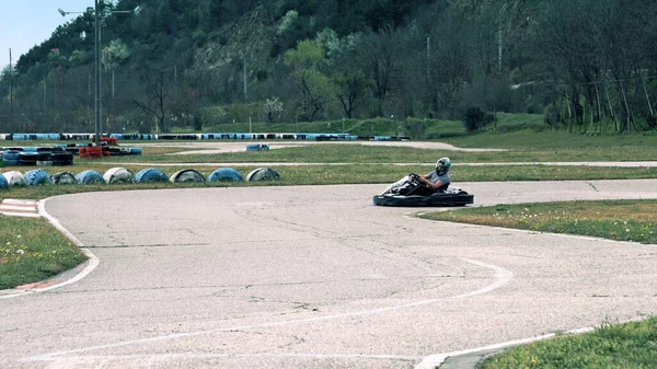 Kart Kart Rennen Fahrer Fährt Schnell Kurve — Stockfoto