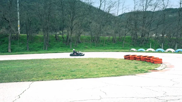 Hajrá Kart Karting Race Sofőr Gyorsan Hajt Görbén — Stock Fotó