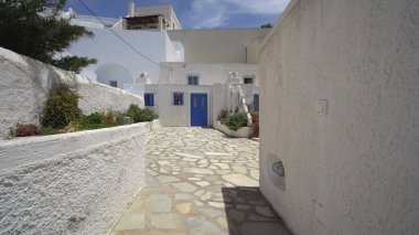 Beyaz Saray 'ın avlusunda mavi metal kapılar ve bahar çiçekleri olan bir giriş. Yunanistan 'ın Santorini adasında çekildi