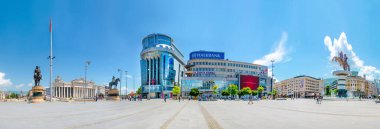 SKOPJE, MACEDONIA - circa MAY, 2015: Panoramic view of city landscape attractions with square Macedonia, statue of Alexander the Great, Archeological museum