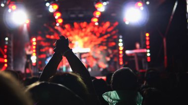 Açık hava konserinde hayranlar tezahürat yapıyor.