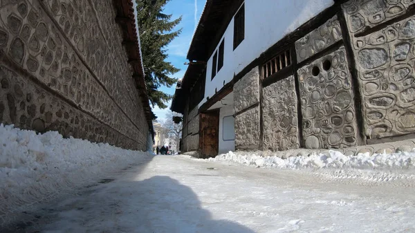 Long Back Alley Stone Bestrating Oude Binnenstad Van Bansko Bulgarije — Stockfoto