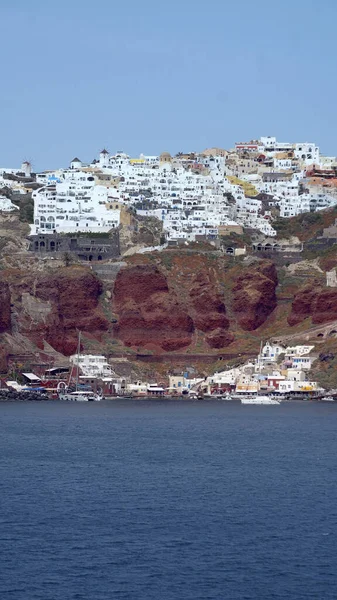 Panoramatický Výhled Vesnici Oia Kalderu Řeckých Ostrovů Santorini Vertikální Orientace — Stock fotografie