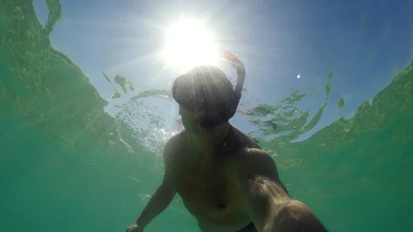 Selfie Man Swimming Water Surface Gopro Dome Shot — Stock Photo, Image