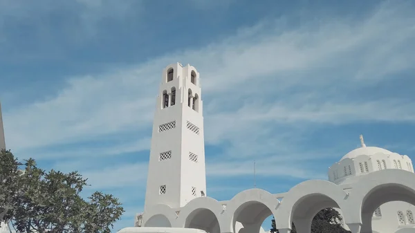 Bílá Kopule Ortodoxní Metropolitní Katedrály Fira Thera Ypapanti Ostrově Santorini — Stock fotografie