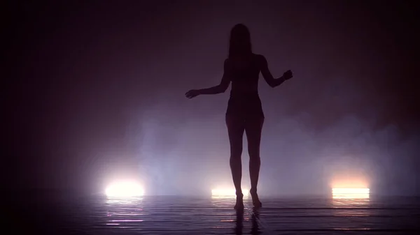 Dansatoare Siluetă Care Interpretează Figuri Dans Ceață — Fotografie, imagine de stoc