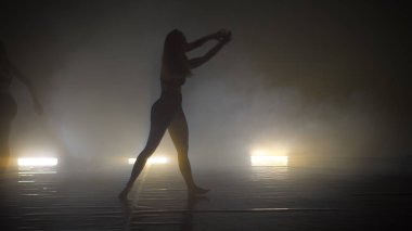 İki genç kadın dumanlı stüdyoda dans stillerini eğitiyorlar.