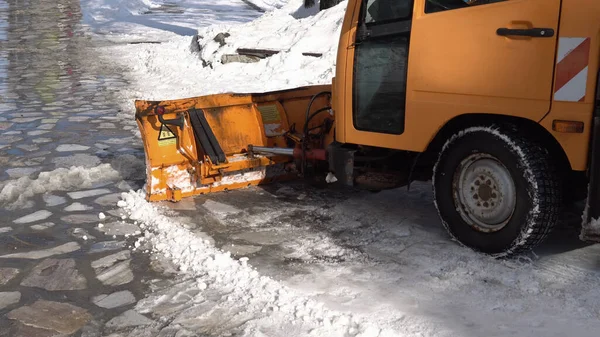 Bansko Bulgaria Feb 2019 Snowplow Paddle Cleaning Snowy Road Primer — Foto de Stock