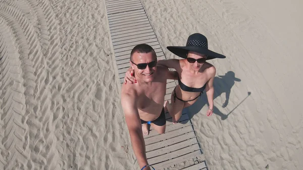 Selfie Casal Andando Praia Passarela Madeira — Fotografia de Stock