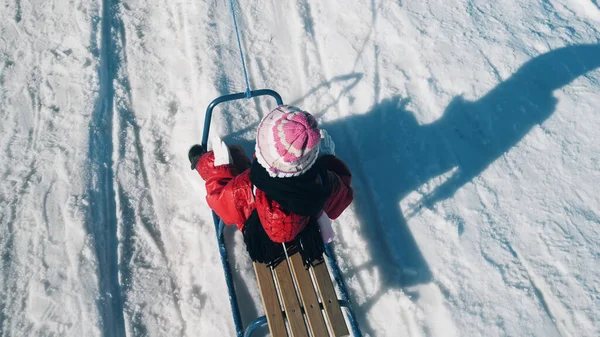 Ovanifrån Liten Flicka Barn Pulka Snön Parken Vintern Livsstil Tracking — Stockfoto