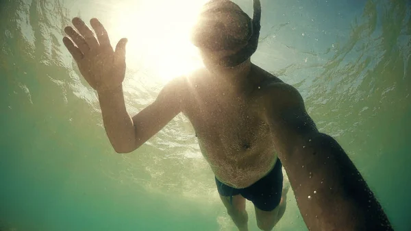 Selfie Man Swimming Water Surface Gopro Dome Shot — Stock Photo, Image