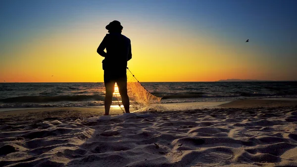 Silhouette Fishermen Using Fishing Nets Fishing Nets Morning Sunrise Cinematic — Stock Photo, Image