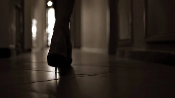Silhouette Egy Divat Modell Sétál Egy Sötét Folyosón Magas Dombok — Stock Fotó