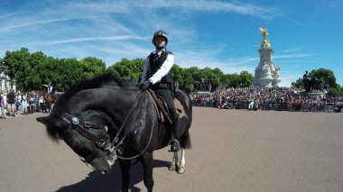 LONDON, İngiltere - 17 Temmuz 2017: Başkent Polisi Buckingham Sarayı 'nı Güvenlik Değişikliği Seremonisi sırasında teröristlerden koruyan atlarıyla