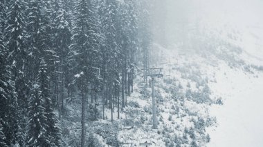 Kayak kaldırma ve kar alçaktan sisle düşüyor