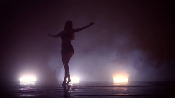 Silueta Mujer Joven Bailando Entrenándose Oscuro Estudio Ahumado Bailarina Callejera —  Fotos de Stock