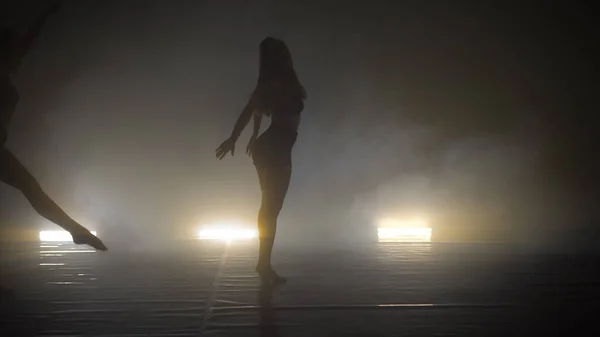Δύο Νεαρές Γυναίκες Εκπαιδεύουν Τον Χορό Τους Στο Καπνιστό Στούντιο — Φωτογραφία Αρχείου