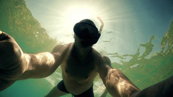 Selfie Man Swimming Water Surface Gopro Dome Shot — Stock Photo, Image