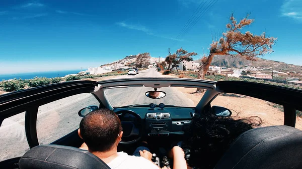 Couple Convertible Driving Santorini Island Honeymoon Romantic Road Trip Together — Stock Photo, Image