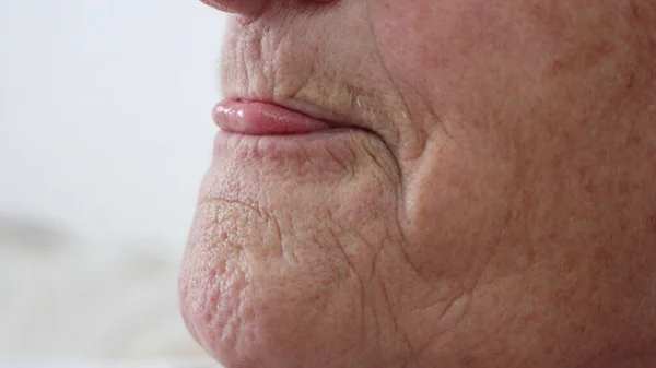 Tasty Concept Face Detail Senior Woman Mouth Wrinkles Licked Tongue — Stock Photo, Image