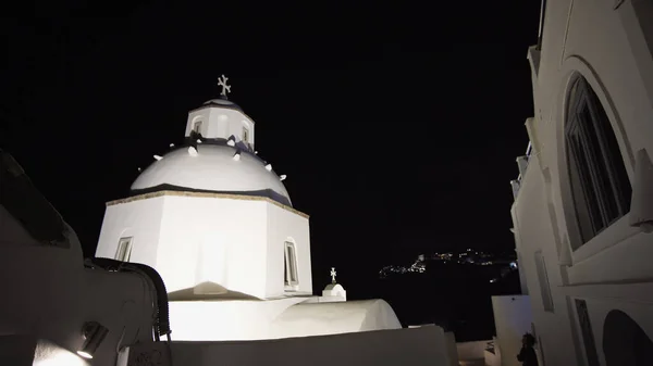 Fira Santorini Řecko Modrý Kostel Zvonice Noci — Stock fotografie