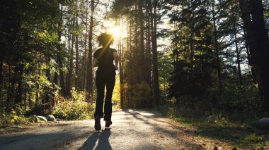 Sabahları huzurlu ormanda koşan güzel, zayıf bir kadın koşucu. Sağlıklı egzersiz ve doğada egzersiz konsepti. Sonbahar mevsimsel temalı çam ağaçları.