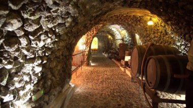 Fira, Santorini - 25 Mayıs 2019: Vothonas 'taki Koutsoyannopoulos Şarap ve Şarap Müzesi. Mahzenlerde antik çağlarda şarabın nasıl üretildiğine dair eski nesneler ve figürler vardır.