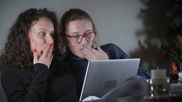 Twee Jonge Mooie Vrouwelijke Hik Lachende Student Met Laptop Zittend — Stockfoto