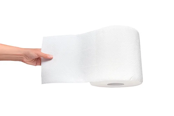 Vrouw Hand Trekken Papieren Handdoek Roll Geïsoleerd — Stockfoto