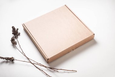 Kahverengi karton kutu, minimalizm stili, kurumuş esmerle süslenmiş.