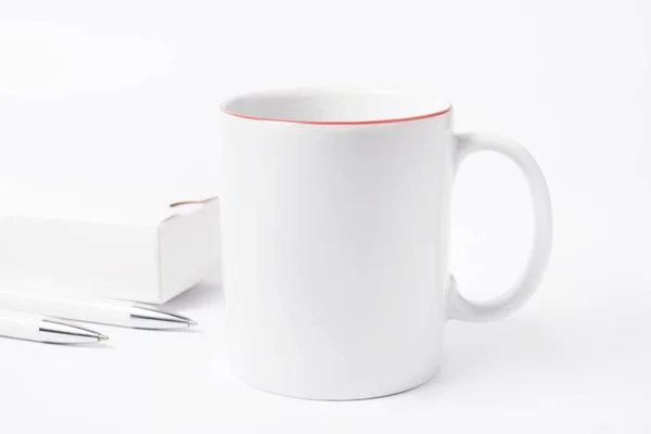 Concepto Minimalista Taza Café Lápices Escritorio Oficina Blanco — Foto de Stock