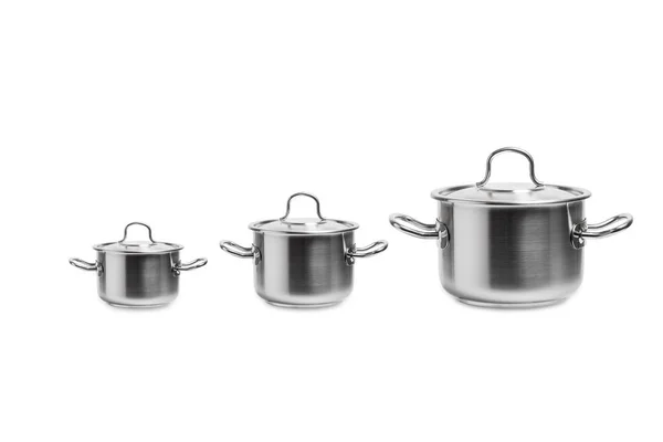 Комплект Различных Изолированных Металлический Горшок Крышкой Посуды Плита — стоковое фото