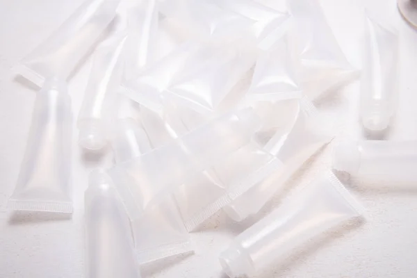 Lote Tubos Vacíos Plástico Para Brillo Labial Casero Madera — Foto de Stock