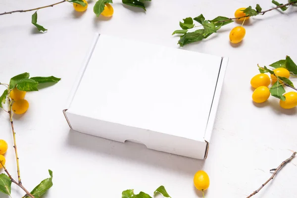 Caja Cartón Blanco Con Hojas Verdes Frescas — Foto de Stock