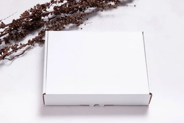 Caixa Papelão Caixa Branca Decorada Com Galho Seco Mock — Fotografia de Stock
