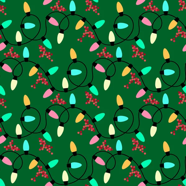 Patrón Navidad Con Coloridas Luces Navidad Guirnalda Con Flores Bayas — Vector de stock