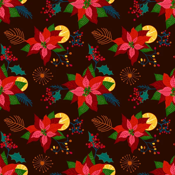 Patrón Floral Navidad Flor Poinsettia Roja Hojas Fruta Rebanada Naranja — Archivo Imágenes Vectoriales