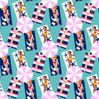 Yaz tatili arka planında pürüzsüzlük yok. El çizimi, plajda rahatlamış güzel insanlar. Kumda yatan seksi kızlar, üst görünüm vektörü.