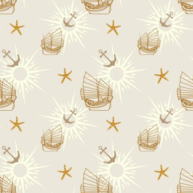 Denizcilik unsurları eski vintage yelkenli, çapa, deniz kabuğu, seyrüsefer pusulası olan denizyıldızı seyahat pastel renk arka plan tasarımı ile kusursuz desen.