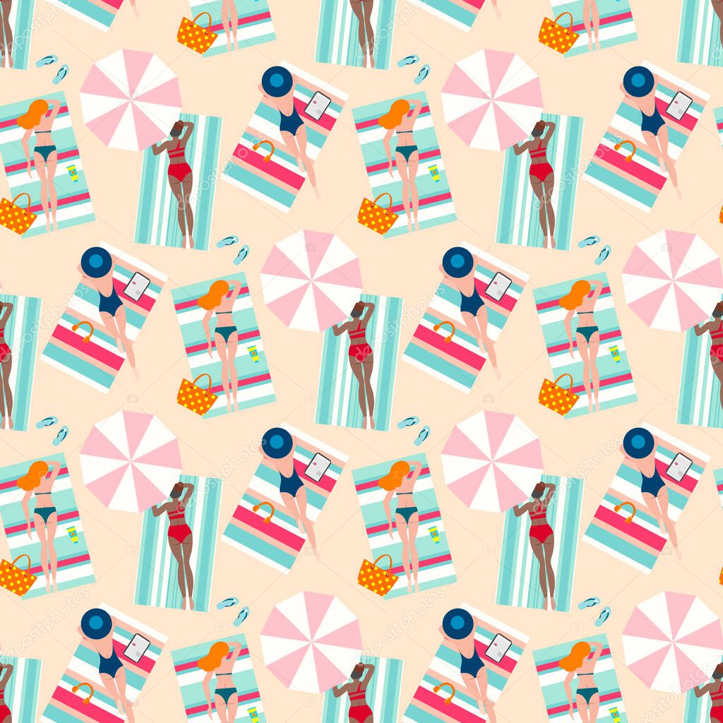 Summer vacation seaside sunbathing background seamless pattern. Hand drawn, relaxed beautiful people on the beach. Sexy girls lying on sand, top view vector