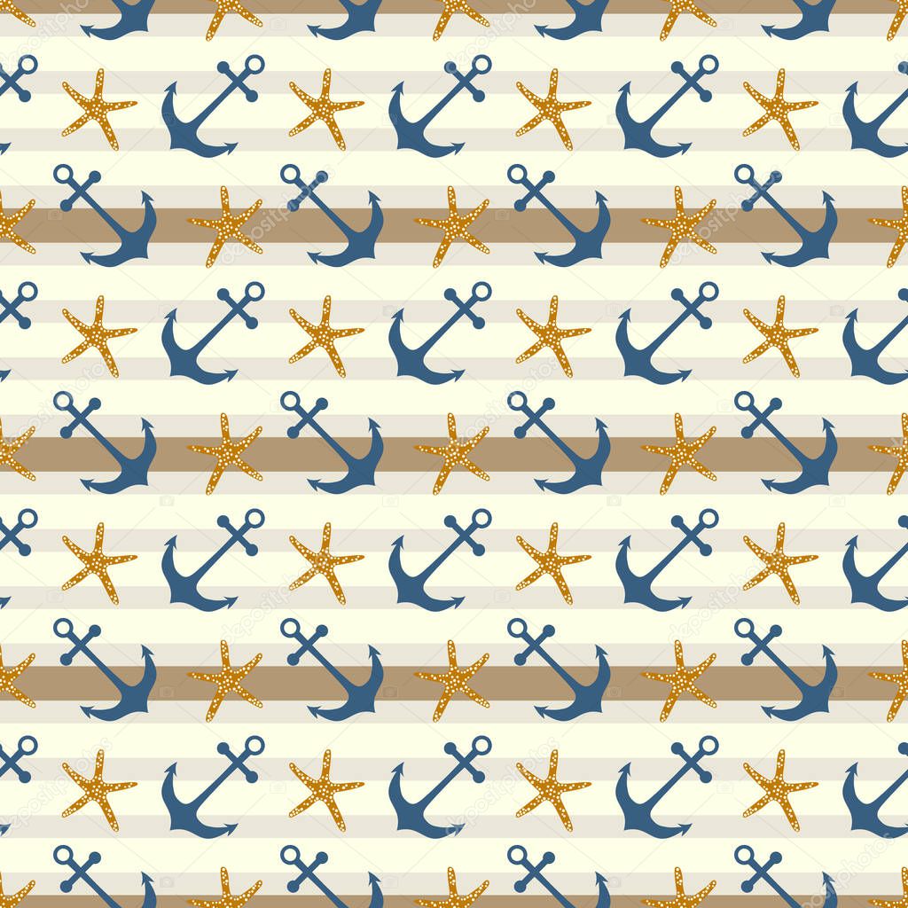 Nautical marine seamless pattern with anchor and starfish on a striped  geometric background  design. Pattern in swatch