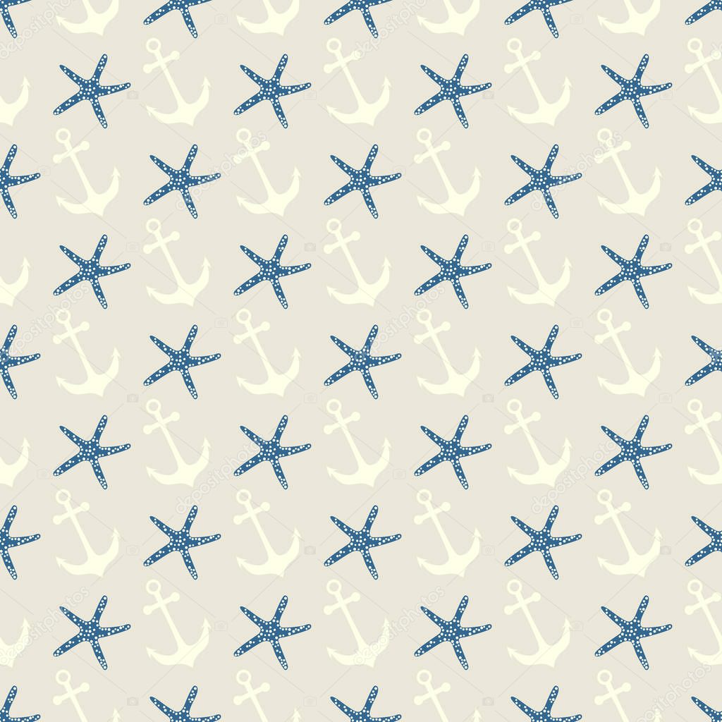 Nautical seamless pattern with anchor and starfish
