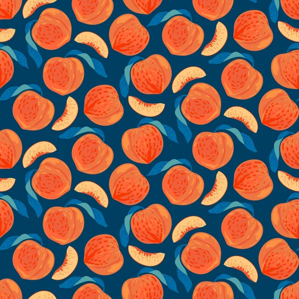 桃のシームレスなパターンデザイン 青い背景にベクトルトロピカルジューシーなフルーツ — ストックベクタ