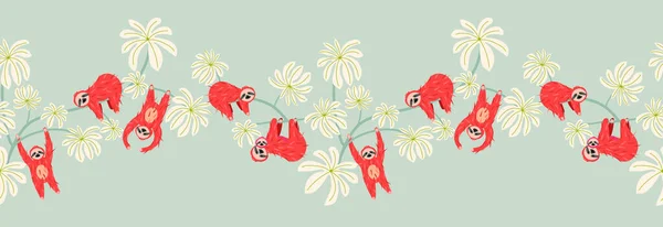 Leuke Luiaard Bloemen Boom Patroon Ontwerp Naadloze Rand Achtergrond Grappig — Stockvector